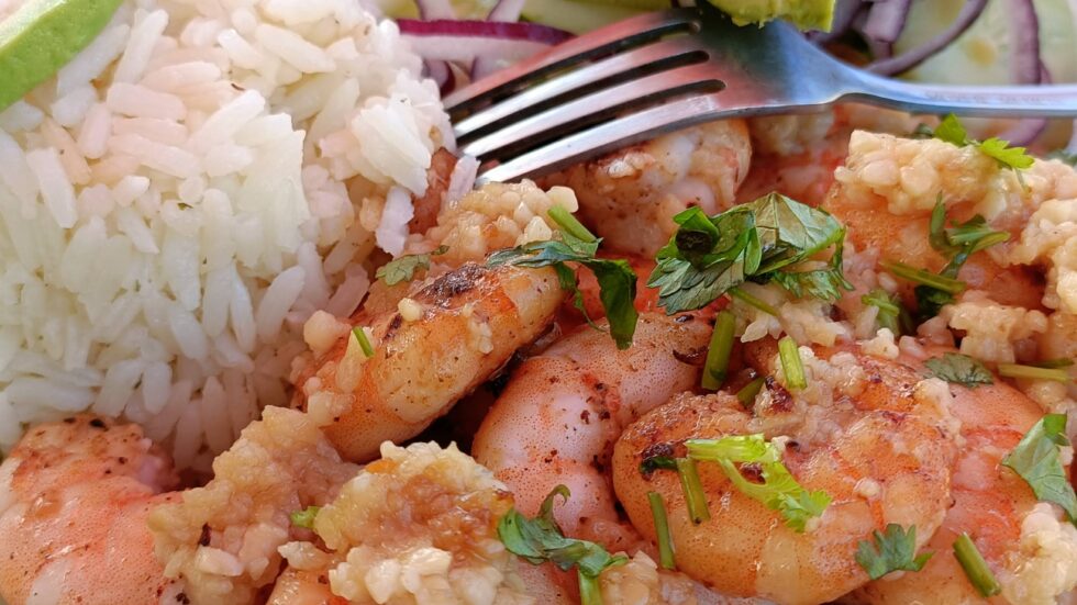Plate of garlic shrimp with rice and avocado in La Paz