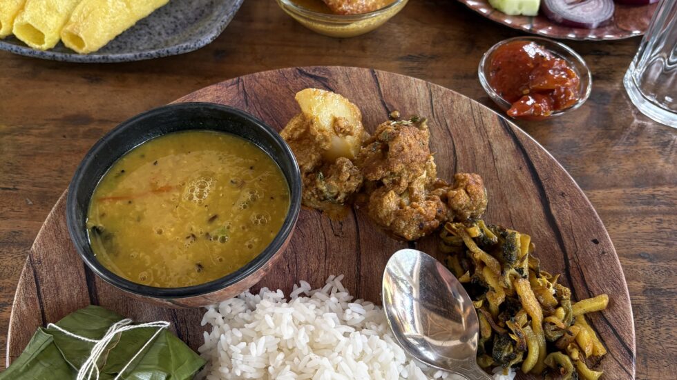 Bengali lunch of rice, dal, fish and vegetables on the boat safari