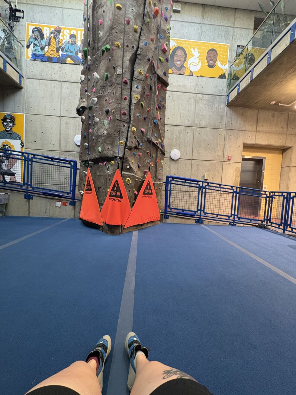 The climbing tower at the Pip Moyer Recreation Center, rising 30 feet above padded mats.