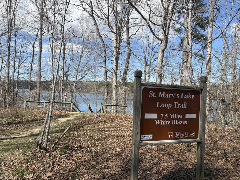 Brown trail sign reading St Mary's Lake Loop Trail, 7.5 Miles, White Blazes